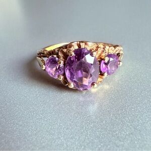 Estate 14k Yellow Gold Genuine Amethyst 3 Stone Ornate Filigree Ring Vin…